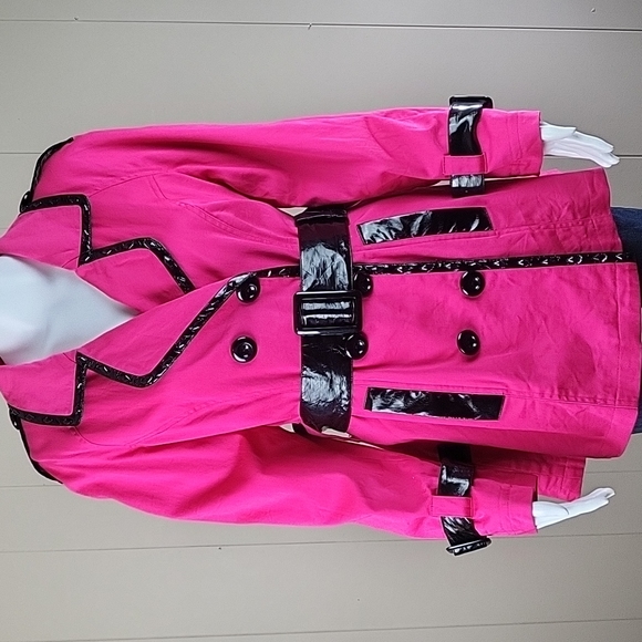 berek Jackets & Blazers - Berek Hot Pink Double Breasted Black Patent Studded Trim Belted Trench Coat